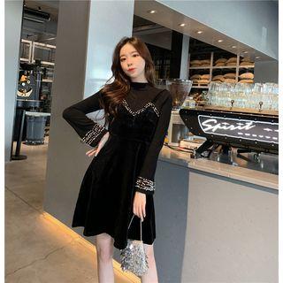 Embellished Mock Two-piece A-line Velvet Dress