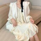 Balloon-sleeve Midi A-line Dress / Open-front Fleece Vest