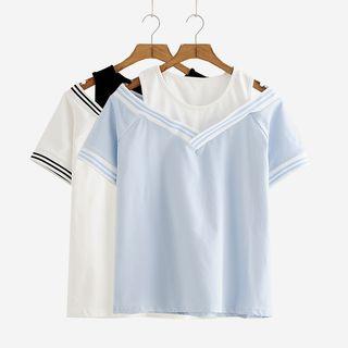 Mock Two-piece Short-sleeve Cold Shoulder Top