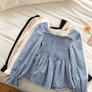 Square-neck Shirred Long-sleeve Top