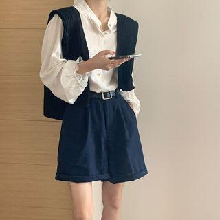 Lace Trim Shirt / High-waist Wide-leg Shorts
