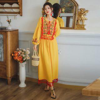 Balloon-sleeve Tassel Embroidered Maxi A-line Dress