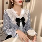 Bow Lace Panel Dotted Blouse