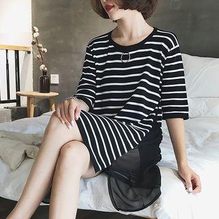 Chiffon Panel Striped Elbow-sleeve Tunic