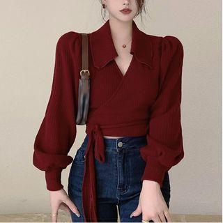 Collared Tie-strap Cropped T-shirt Red - One Size