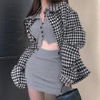 Button-up Long-sleeve Cropped Top / Plain High-waist Pencil Skirt / Oversized Chessboard Long-sleeve Jacket
