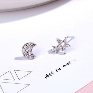 Non-matching Rhinestone Moon & Star Earring 1 Pair - Earrings - Star & Moon - One Size