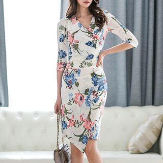 Flower Print Elbow-sleeve Sheath Dress