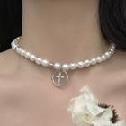 Faux Pearl Cross Pendant Choker 0749a - Silver - One Size