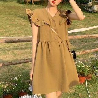 Sleeveless Ruffle Trim A-line Dress Coffee - One Size