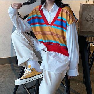 Set: Striped Loose-fit Vest + Plain Long-sleeve Shirt