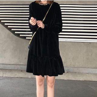 Long-sleeve Tie-neck Mini Dress Black - One Size