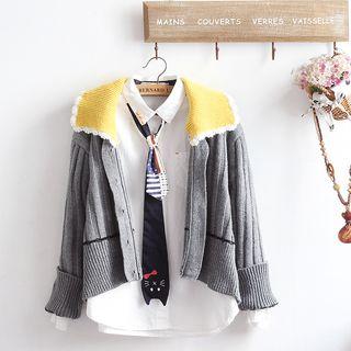 Set: Cable Knit Cardigan + Tie-neck Shirt