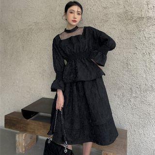 Flared-sleeve Mesh Panel Blouse / Midi A-line Skirt