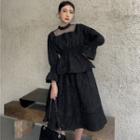Flared-sleeve Mesh Panel Blouse / Midi A-line Skirt