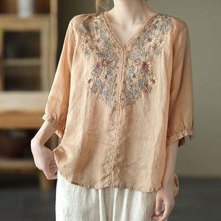 Elbow-sleeve Embroidered Tunic Shirt