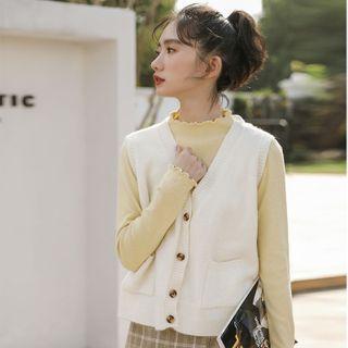 V-neck Plain Button-up Oversize Vest White - One Size