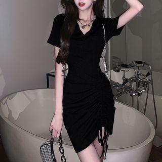 Short-sleeve Hooded Drawstring Mini Sheath Dress
