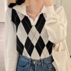 Polo-neck Mock Two-piece Argyle Sweater White & Black - One Size