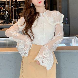 Long-sleeve Beaded Lace Top White - One Size