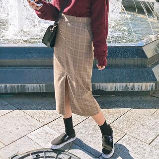 Slit-front Plaid H-line Long Skirt