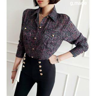 Pocket-detail Pattern Blouse Green - One Size
