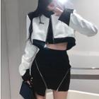 Cutout Crop T-shirt / Faux-leather Colorblock Crop Jacket / Asymmetrical Zipper Mini Skirt