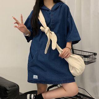 Short Sleeve Half-button Denim Hoodie