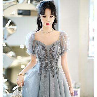 Puff-sleeve Embellished Mesh A-line Evening Gown