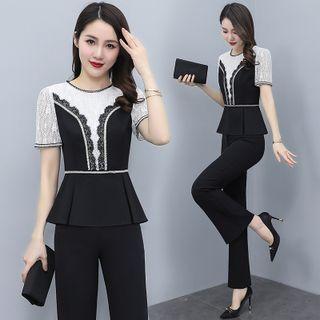 Set Of 2 - Lace Panel Top + Plain Wide-leg Pants