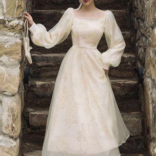 Long-sleeve Square-neck Mesh Midi A-line Dress