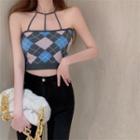 Halter-neck Argyle Knit Crop Top Blue & Gray - One Size