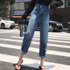 Distressed Wide-leg Jeans / Hooded Long-sleeve T-shirt