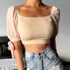 Tie-cuff Balloon-sleeve Cropped Top