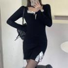 Square-neck Lace Trim Slit Mini Bodycon Dress Black - One Size