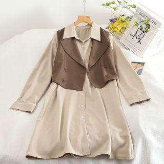 Set: Long-sleeve Shirtdress + Double-breasted Vest