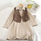 Set: Long-sleeve Shirtdress + Double-breasted Vest