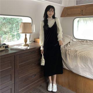 Turtleneck Plain Blouse / Midi Overall Dress