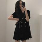 Short-sleeve Double-breasted Mini Pleated Dress Black - One Size