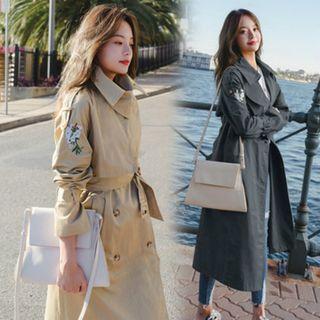 Floral Embroidery Double Breasted Long Trench Coat