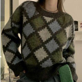 Argyle Sweater Green & Off-white & Gray & Black - One Size