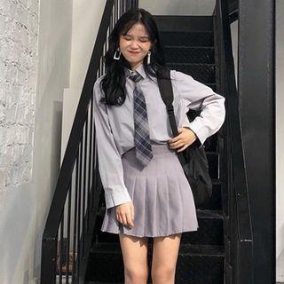 Long-sleeve Shirt / Tie / Mini Pleated Skirt / Set