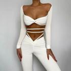Set: Cross-strap Long-sleeve Crop Top + Drawstring Straight-leg Pants