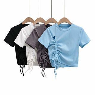 Heart Print Drawstring Cropped T-shirt