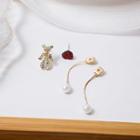 Bear Heart Rhinestone Faux Pearl Asymmetrical Dangle Earring E4514-1 - 1 Pair - Gold - One Size