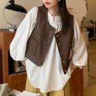 Faux Leather Vest / Puff-sleeve Buttoned Ribbed-knit Top / Long-sleeve Peter Pan Collar Maxi Dress