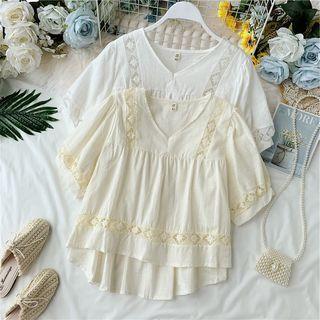 V-neck Lace-trim Short-sleeve Blouse