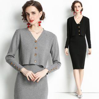 Set: V-neck Cardigan + Knit Mini Sheath Dress