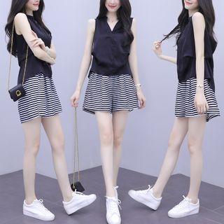 Set: Sleeveless Blouse + Striped Shorts
