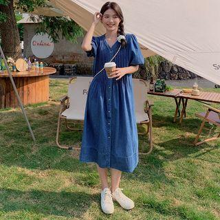 Elbow-sleeve V-neck Denim Midi A-line Dress